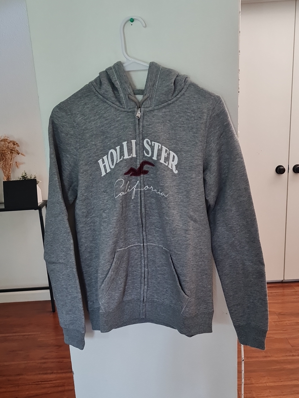 Hollister Gray Zip-Up Hoodie with Maroon Seagull and White Script
